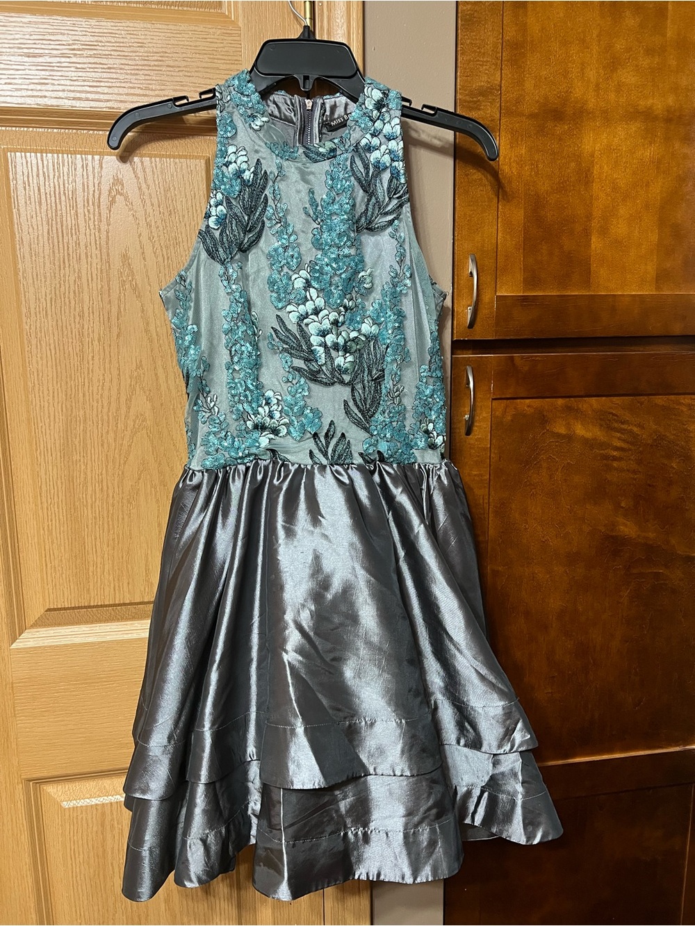 Girls' Teal Embroidered Bodice Silver Satin Party Dress
